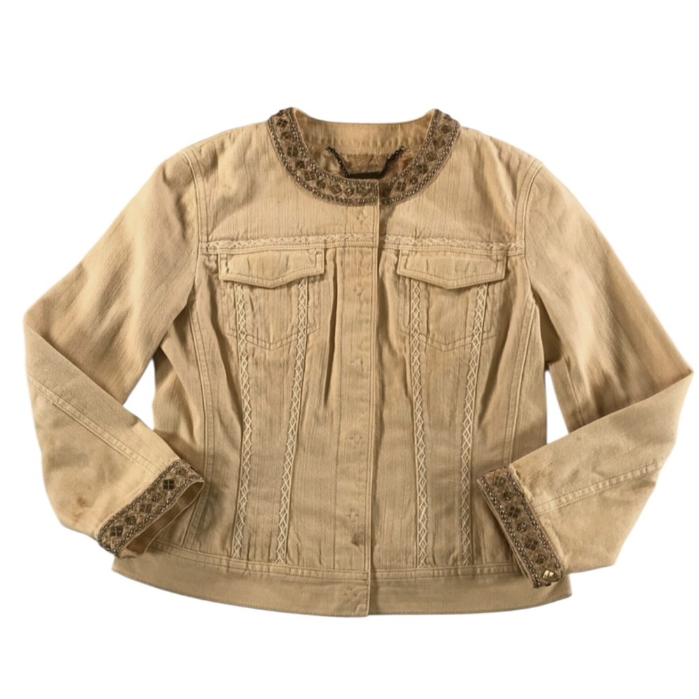 ELIE TAHARI Cotton Leather Blingy Trim Jacket in Cream Size Small — GORGEOUS!!! - Picture 3 of 11